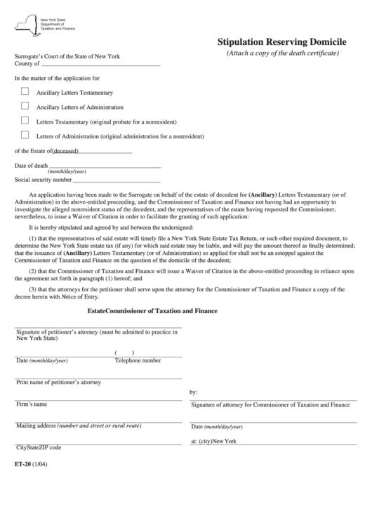 Form Et-20 - New York Stipulation Reserving Domicile Printable pdf