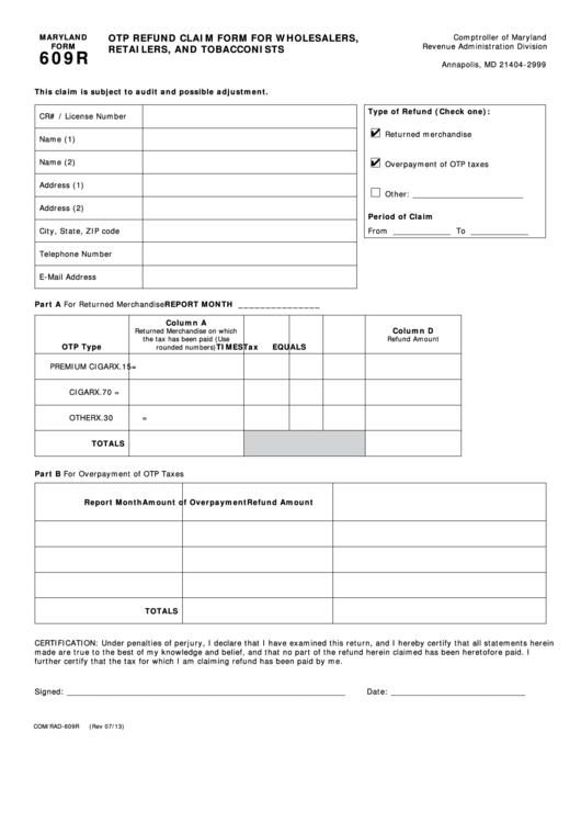 Fillable Maryland Form 609r - Otp Refund Claim Form For Wholesalers, Retailers, And Tobacconists Printable pdf