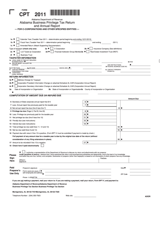 Form Cpt - Alabama Business Privilege Tax Return And Annual Report - 2011