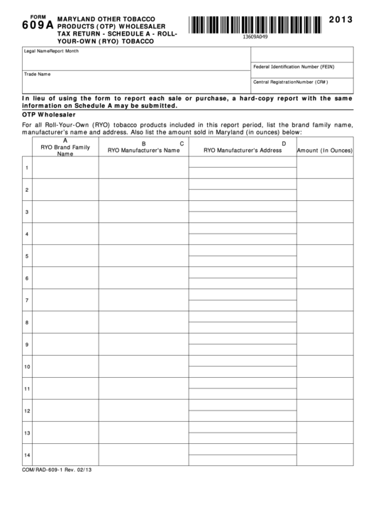 Fillable Form 609a - Maryland Other Tobacco Products (Otp) Wholesaler Tax Return - Schedule A - Roll-Your-Own (Ryo) Tobacco - 2013 Printable pdf