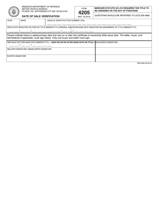 Fillable Form 4205 - Date Of Sale Verification Printable pdf