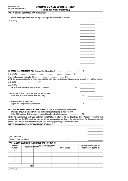 Form Rev-414 - Pennsylvania Individuals Worksheet Printable pdf