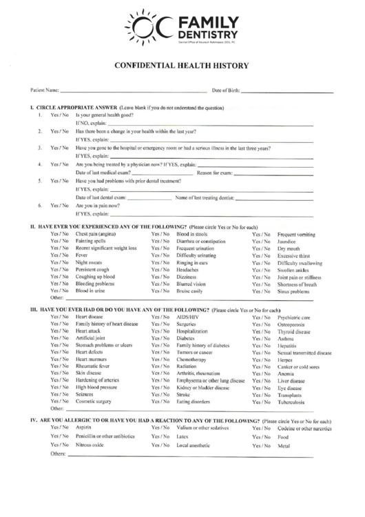 Confidential Health History Template Printable pdf
