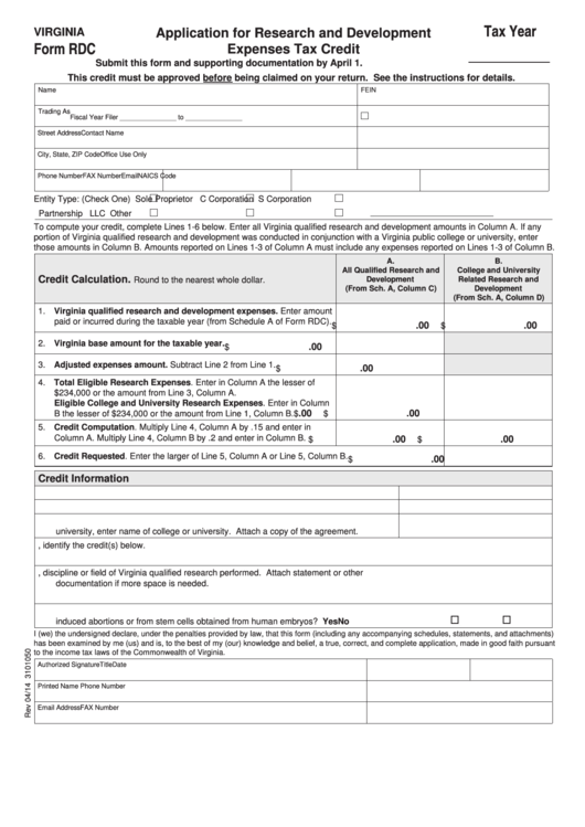 Fillable Form Rdc - Virginia Application For Research And Development Expenses Tax Credit Printable pdf