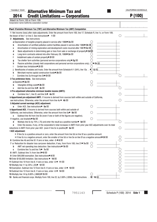 Fillable Schedule P (100) - California Alternative Minimum Tax And Credit Limitations Corporations - 2014 Printable pdf