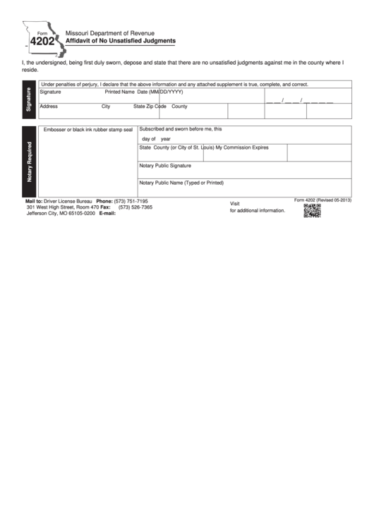 Fillable Form 4202 - Affidavit Of No Unsatisfied Judgments Printable pdf