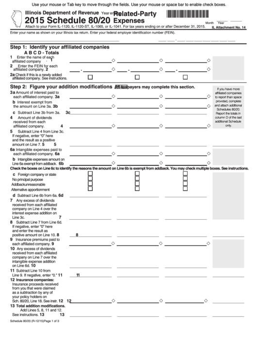Fillable Schedule 80/20 - Illinois Related-Party Expenses - 2015 Printable pdf