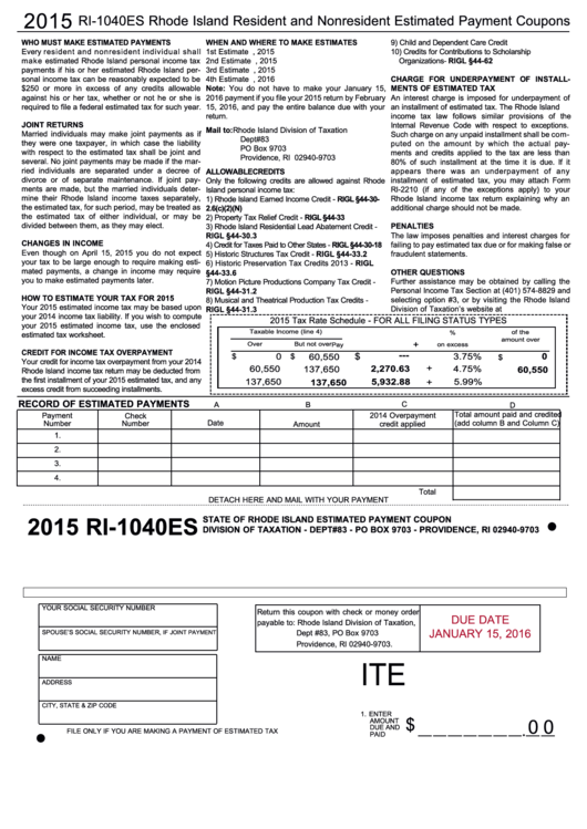 Form Ri-1040es - Rhode Island Resident And Nonresident Estimated Payment Coupons - 2015 Printable pdf