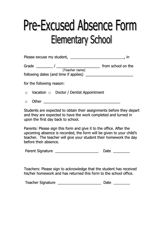 Elementary School Pre-Excused Absence Form Printable pdf
