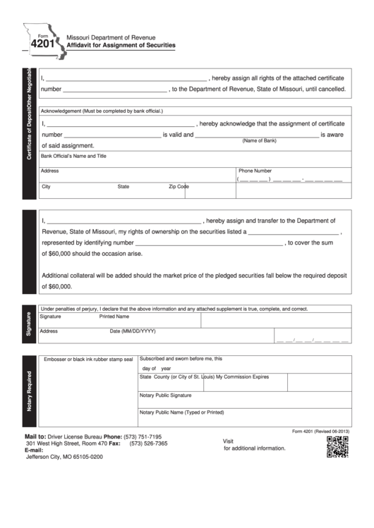 Fillable Form 4201 - Affidavit For Assignment Of Securities Printable pdf