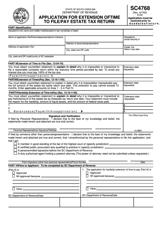 Form Sc4768 - South Carolina Application For Extension Of Time To File/pay Estate Tax Return Printable pdf