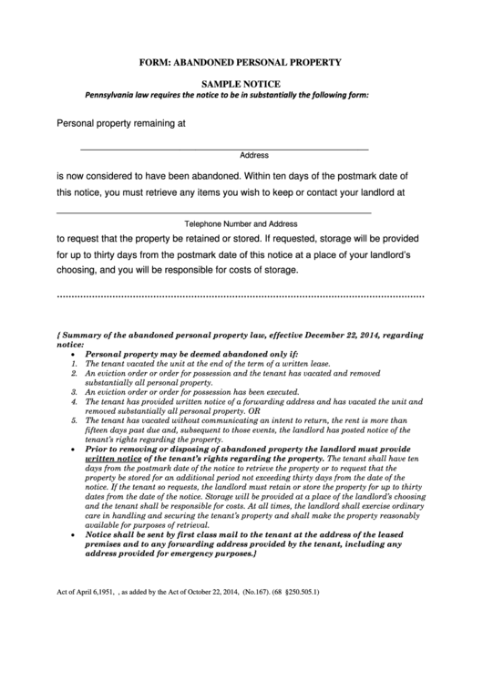Sample Abandoned Personal Property Notice Printable pdf