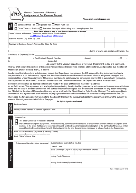 Fillable Form 4172 - Assignment Of Certificate Of Deposit Printable pdf