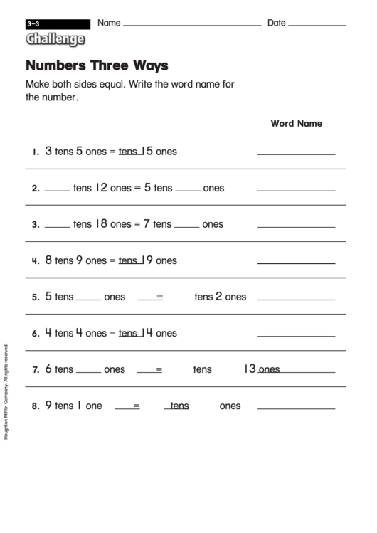 Numbers Three Ways - Challenge Worksheet With Answer Key Printable pdf