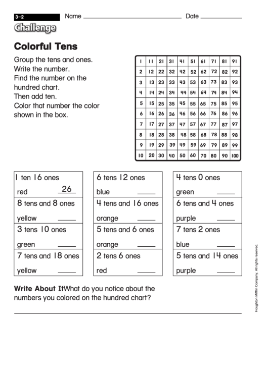 Colorful Tens - Challenge Worksheet With Answer Key Printable pdf