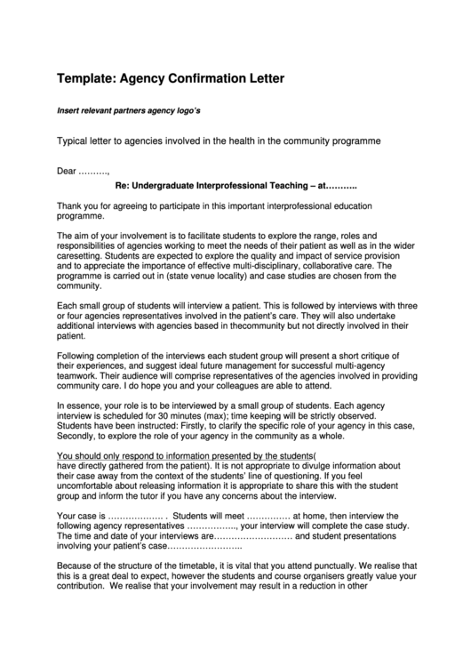 Agency Confirmation Letter Template - Undergraduate Interprofessional Teaching