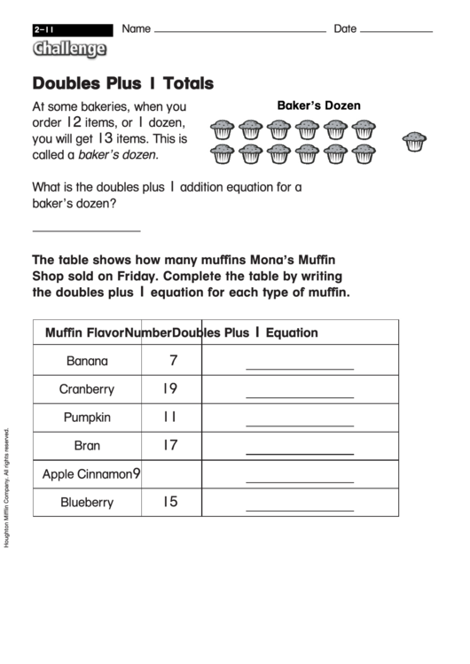 Doubles Plus 1 Totals - Challenge Worksheet With Answer Key Printable pdf