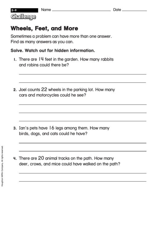 Wheels, Feet, And More - Challenge Worksheet With Answer Key Printable pdf