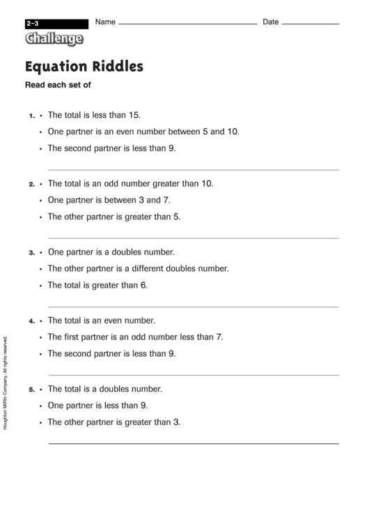 Equation Riddles - Challenge Worksheet With Answer Key Printable pdf
