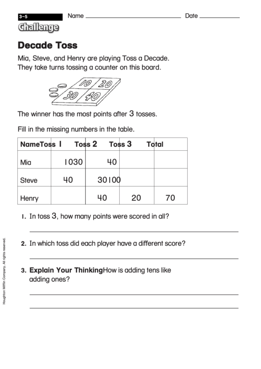 Decade Toss - Challenge Worksheet With Answer Key Printable pdf