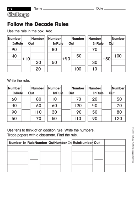 Follow The Decade Rules - Challenge Worksheet With Answer Key Printable pdf