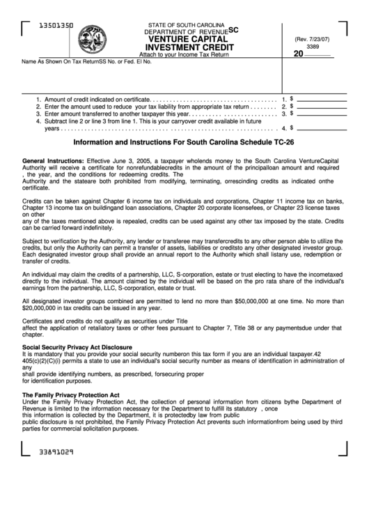 Form Sc Sch.tc-26 - South Carolina Venture Capital Investment Credit Printable pdf