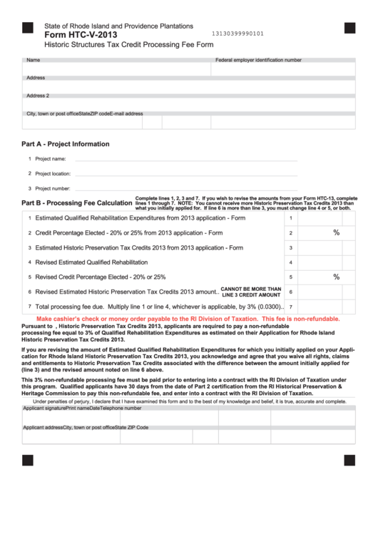 Fillable Form Htc-V-2013 - Rhode Island Historic Structures Tax Credit Processing Fee Form Printable pdf
