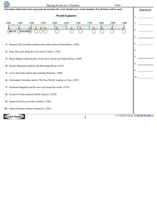 World Explorers - Placing Events On A Timeline History Worksheet With Answer Key Printable pdf