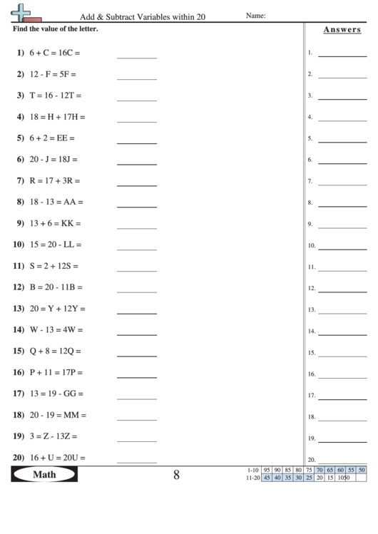 Add & Subtract Variables Within 20 - Math Worksheet With Answer Key Printable pdf