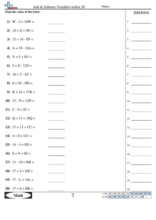 Add & Subtract Variables Within 20 - Math Worksheet With Answer Key Printable pdf