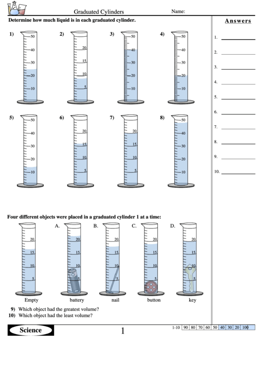 Graduated Cylinders - Science Worksheet With Answer Key Printable pdf