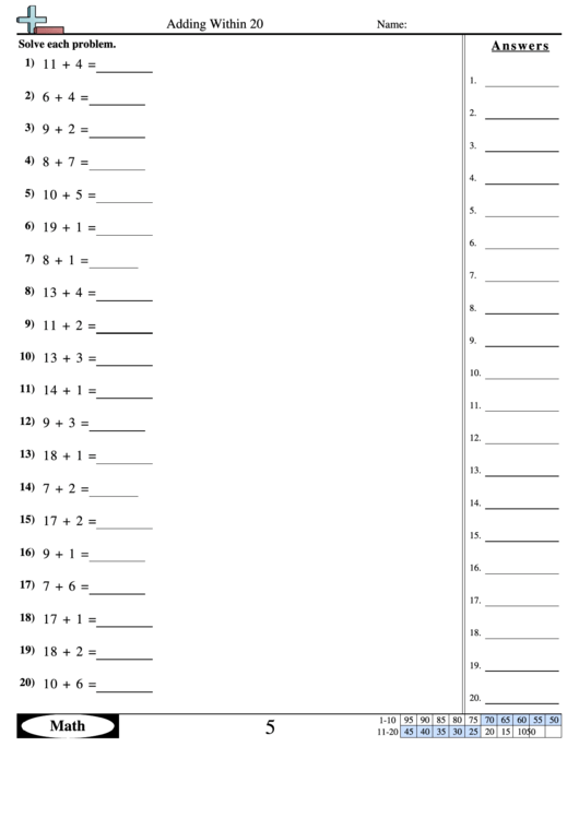 Adding Within 20 - Math Worksheet With Answer Key Printable pdf