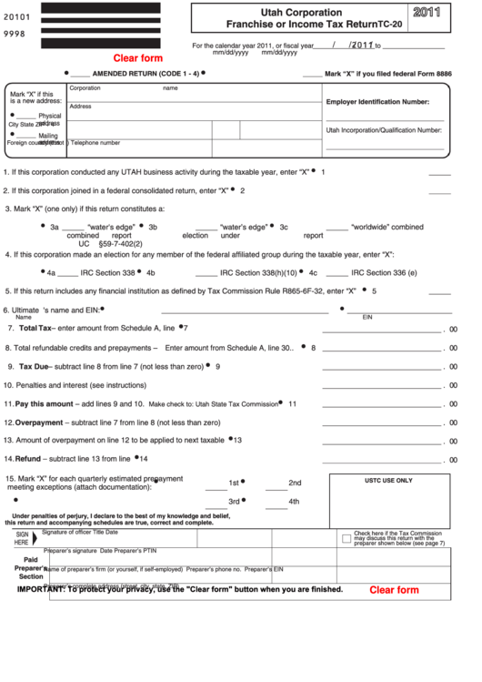 Fillable Form Tc-20 - Utah Corporation Franchise Or Income Tax Return - 2011 Printable pdf