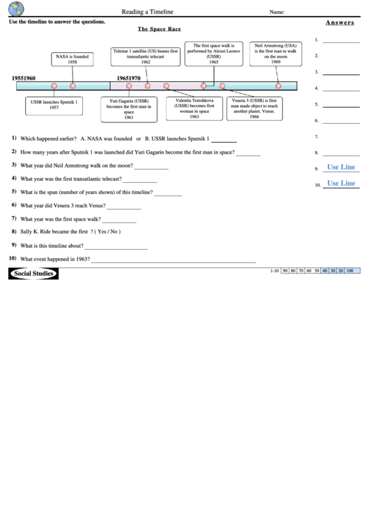 The Space Race - Reading A Timeline History Worksheet With Answer Key Printable pdf