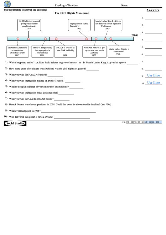 The Civil Rights Movement - Reading A Timeline History Worksheet With Answer Key Printable pdf