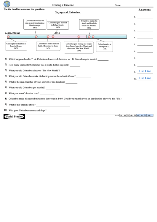 Voyages Of Columbus - Reading A Timeline History Worksheet With Answer Key Printable pdf
