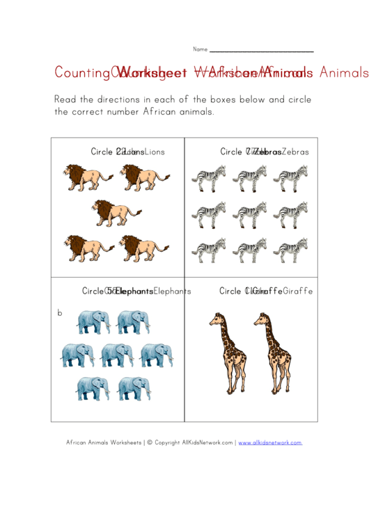 African Animals Counting Worksheet Printable pdf