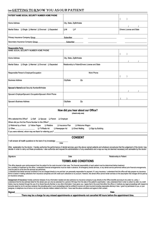 Getting To Know You As Our Patient Form Printable pdf