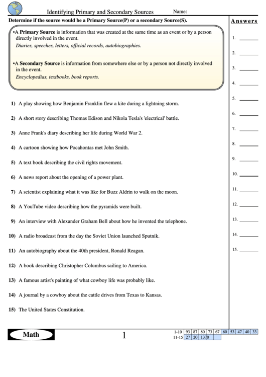 Identifying Primary And Secondary Sources - History Worksheet With