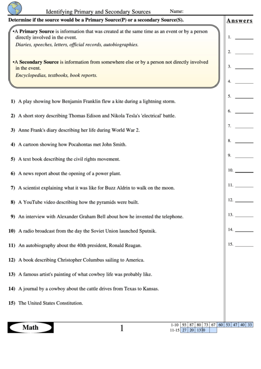 Identifying Primary And Secondary Sources History Worksheet With