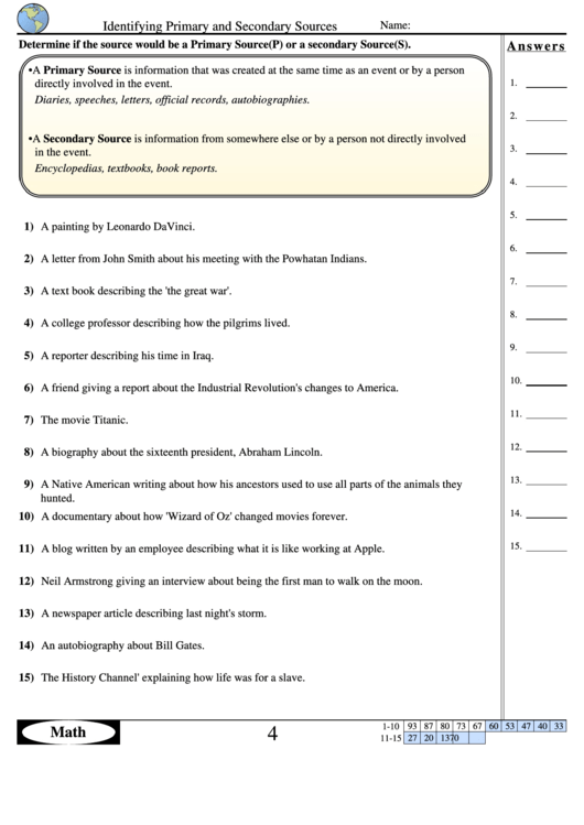 Identifying Primary And Secondary Sources - History Worksheet With Answer Key Printable pdf