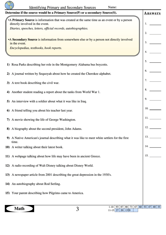 Identifying Primary And Secondary Sources - History Worksheet With Answer Key Printable pdf