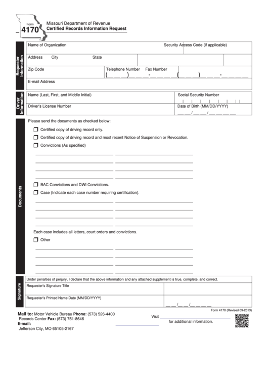 Fillable Form 4170 - Certified Records Information Request Printable pdf