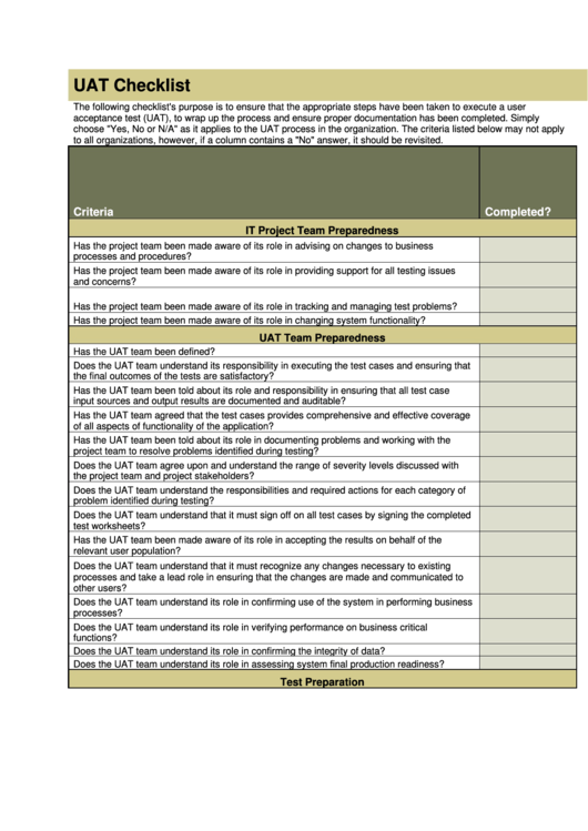 Fillable Uat Checklist - Project Checklist Template Printable pdf