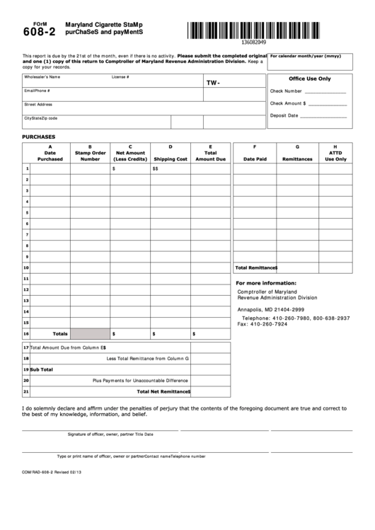 Fillable Form 608-2 - Maryland Cigarette Stamp - Purchases And Payments Printable pdf