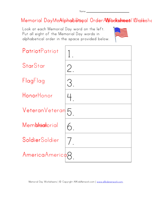 Alphabetical Order Worksheet Memorial Day Printable pdf