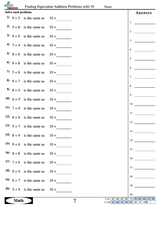 Finding Equivalent Addition Problems With 10 - Math Workshweet With Answer Key