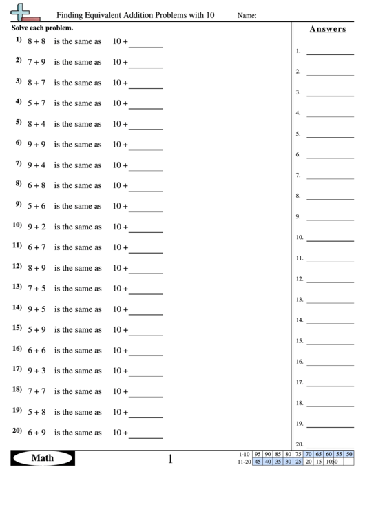 Finding Equivalent Addition Problems With 10 - Math Workshweet With Answer Key Printable pdf