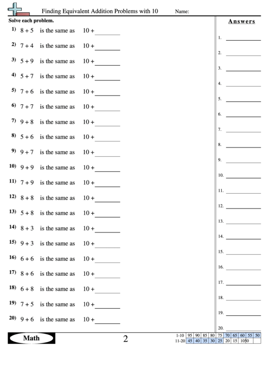 Finding Equivalent Addition Problems With 10 - Math Workshweet With Answer Key Printable pdf