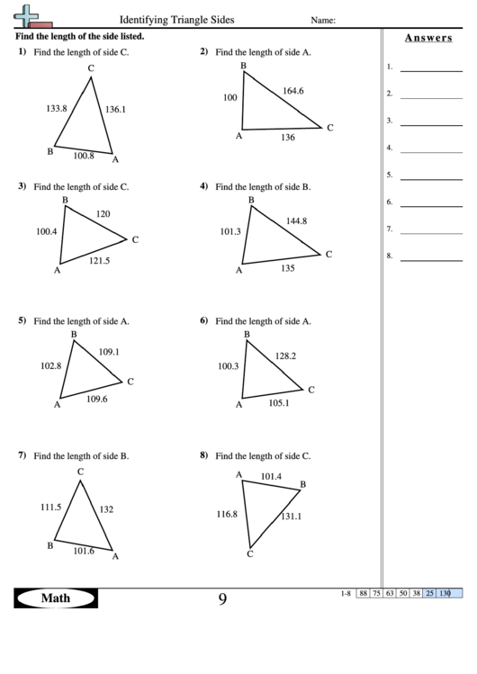 Identifying Triangle Sides - Geometry Workshweet With Answer Key Printable pdf